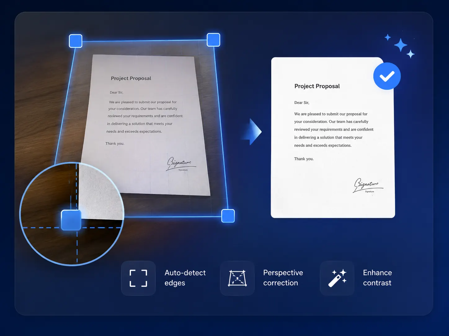 Document photo being detected and converted into a clean scan