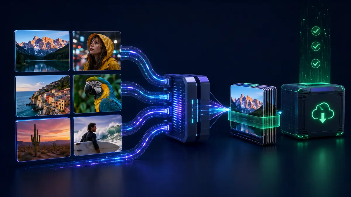 Multiple different photos moving through a parallel batch optimization pipeline