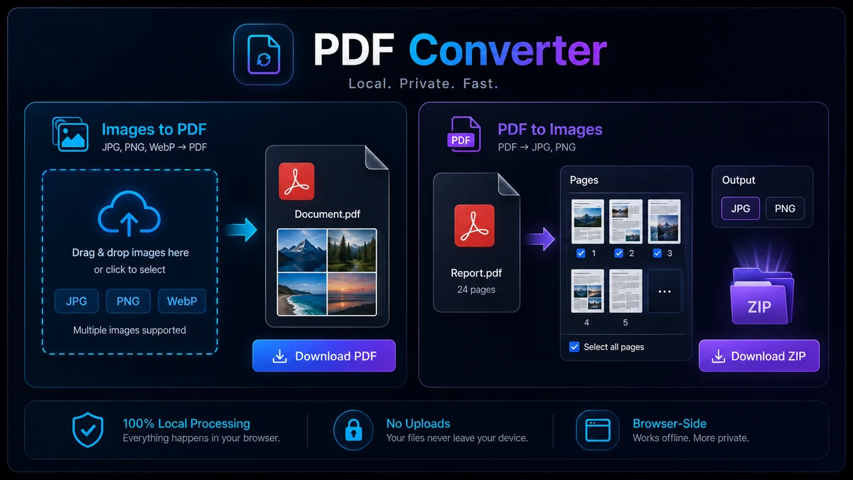 PDF Converter creating PDFs from JPG PNG and WebP images and converting PDF pages to JPG or PNG