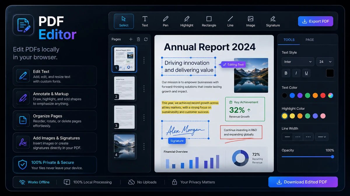 PDF Editor showing page management, text editing, drawing, highlighting, shapes, images and signatures