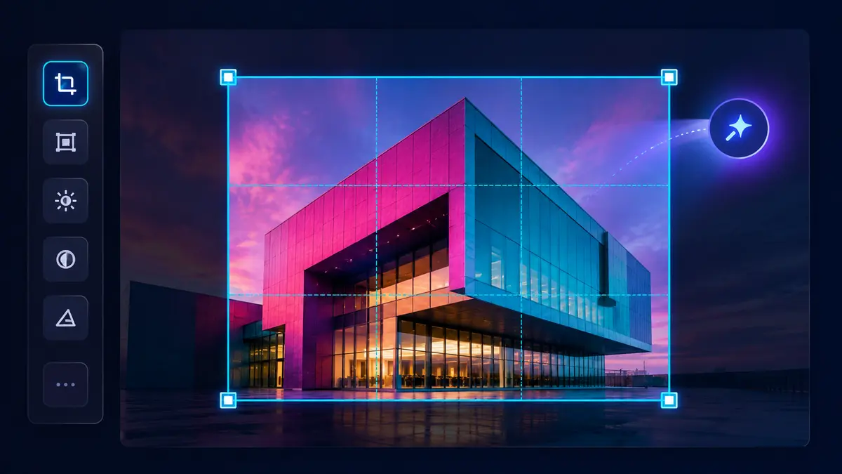 Modern building photograph inside adjustable crop guides with smart positioning